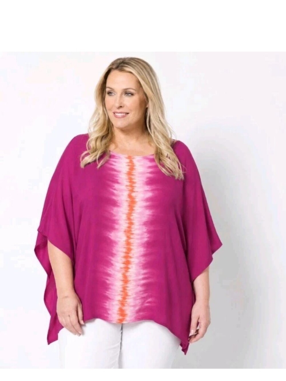 Quacker Factory Magenta Tie-Dye Center Stripe Caftan Butterfly Blouse